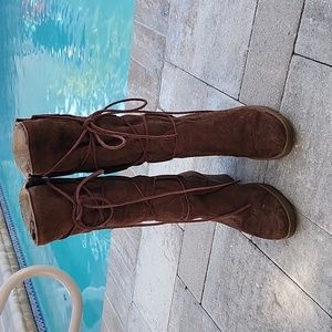 UGG Elsy Wedge Lace Up Brown Leather Sheepskin Lined Boot Size 7